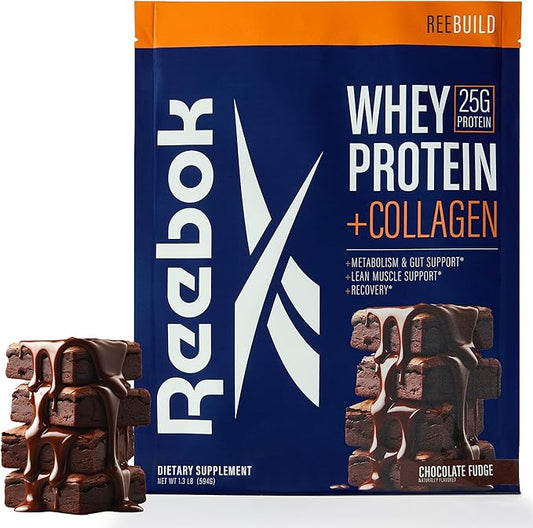 Reebok Whey Protein Powder + Collagen Peptides | 25g Protein with 9 Essential Amino Acids | Muscle Recovery, Joint & Gut Support | Informed-Sport Certified | ReeBuild Chocolate Fudge Flavor, 1.3 lb