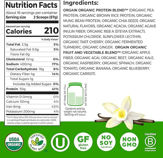 Orgain Organic 30g Vegan Protein Powder, Vanilla, 9g EAAs + BCAAs, Plant Protein, 4g Prebiotic + Fiber, 1g Sugar, Pre-Workout, Muscle Support Recovery - 2.01lb