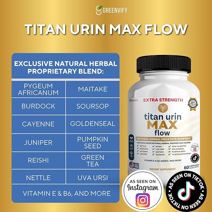 Titan Urin Max Flow Natural Prostate Supplement, 60 Capsules, Extra Strength Herbal Complex with Saw Palmetto, Vitamins E & B6 (5)