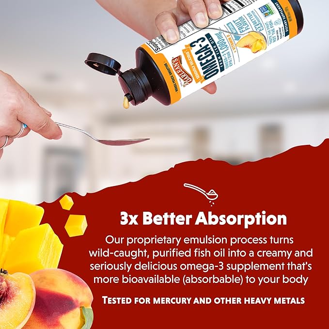 Barlean's Mango Peach Omega 3 Fish Oil Liquid Supplement with Vitamin D, 1080mg EPA & DHA Fatty Acid, Smoothie Flavored & Burpless for Brain, Joint, & Heart Health, 32 oz