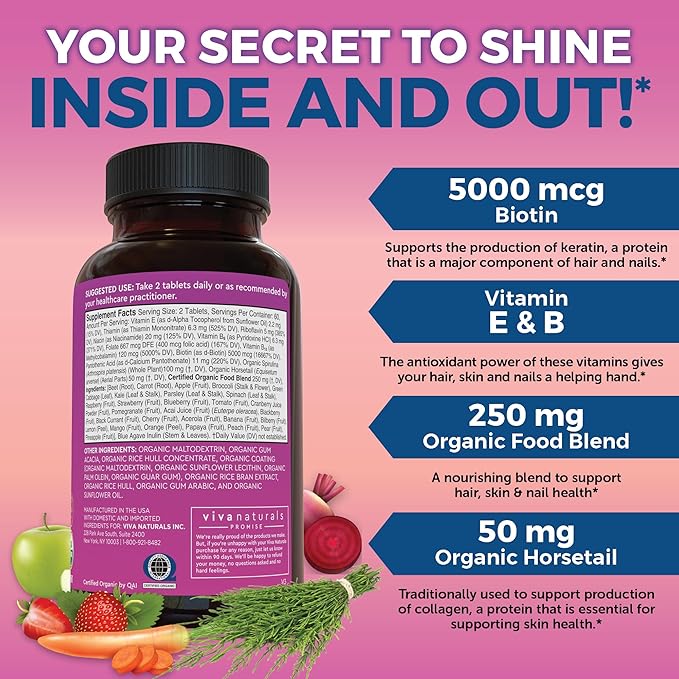 Hair Skin Nails Vitamins for Women - Vegetarian-Friendly Organic Vitamins for Hair Skin and Nail Health Support with Vitamin E & Biotin 5000 mcg to Help Produce Keratin - 120 Tablets