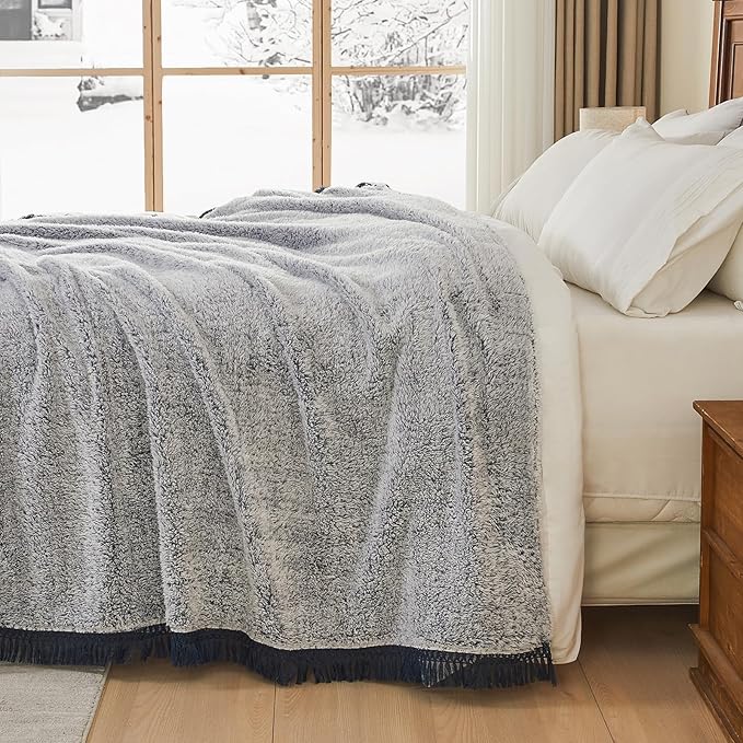 EMME Fuzzy Blanket Soft Fleece Throw Blankets for Women, Fluffy Sherpa Throws(Tassel Navy,60"x80")