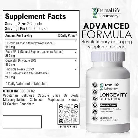 Quercitin, Rhodiola Rosea, Luteolin and Rutin Longevity Blend #4 Anti-Aging Supplement for Cellular Defense with Immunity and Energy Support, Antioxidants