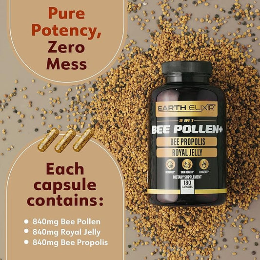 3-in-1 Organic Bee Pollen Capsule – Non-GMO, Pure Raw Bee Pollen, Royal Jelly, Propolis Extract for Women & Men – Natural Energy, Immune & Vitality Support – 180 Propolis Capsules