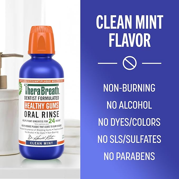 TheraBreath Healthy Gums Mouthwash Clean Mint, Antigingivitis, Dentist Formulated, 16 Fl Oz (2-Pack)