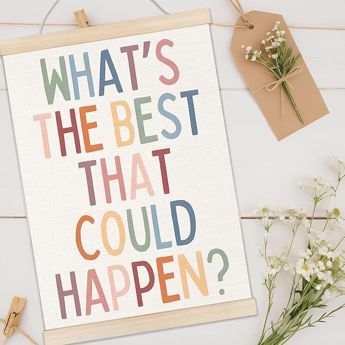 Welshower Boho Motivational Positive Poster Hanger Frame, What's the Best That Could Happen Positive Affirmations Wall Art Prints Decor for Living Room Bedroom Home Office Framed, 12x16 Inch