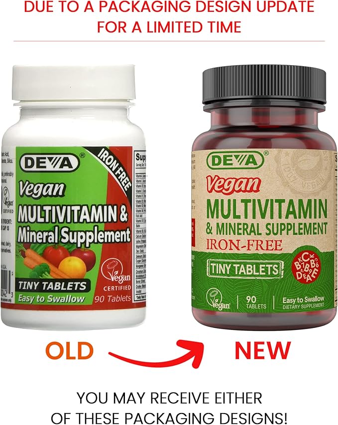 DEVA Vegan Iron-Free Multivitamin & Mineral Supplement 2-Pack, Vitamin C, D2, E & B-Complex, Biotin, 90 Tiny Tablets Each