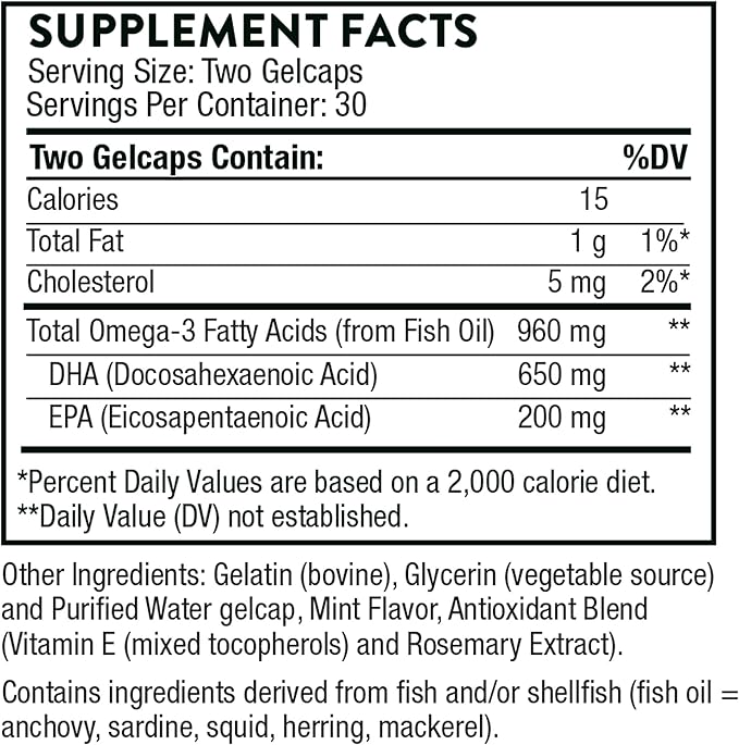 THORNE - Prenatal DHA - 650 mg DHA and 200 mg of EPA - Supports Baby’s Brain and Nervous System Development from Pregnancy to Nursing* - 60 Capsules