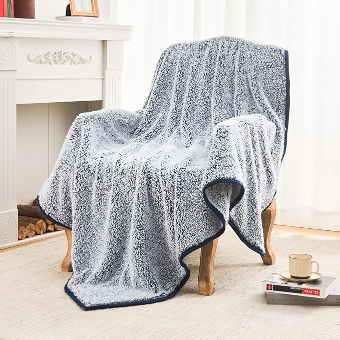 EMME Fuzzy Blanket Soft Fleece Throw Blankets for Women, Fluffy Sherpa Throws(Plush Navy,60"x80")