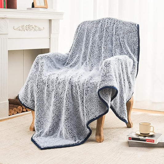 EMME Fuzzy Blanket Soft Fleece Throw Blankets for Women, Fluffy Sherpa Throws(Plush Navy,90"x90")