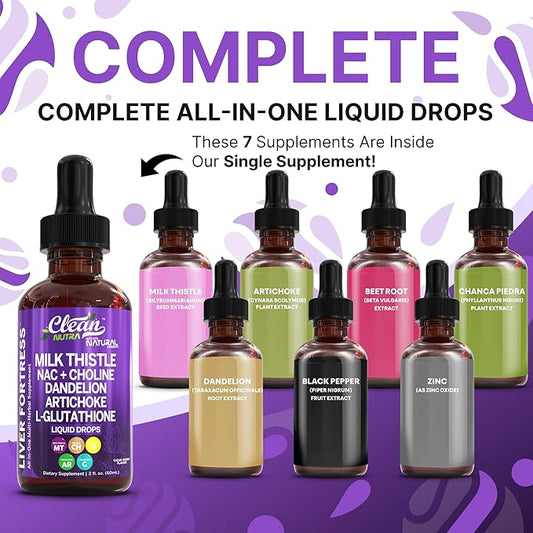 Clean Nutraceuticals Milk Thistle NAC Liver Cleanse Detox & Repair Supplement Liver Support Liquid Drops with Dandelion Extract, Artichoke, Chanca Piedra, Choline, L-Glutathione, Burdock, Schisandra