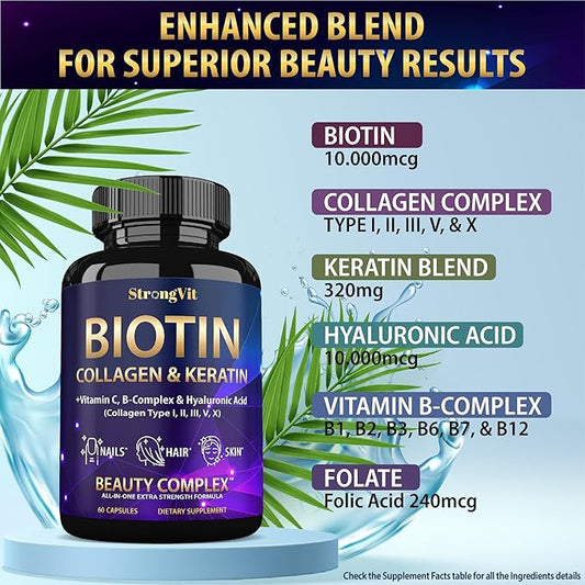 Biotin with Hyaluronic Acid, Keratin, and Collagen Supplements - Hair Growth Vitamins for Women and Men, Healthy Nails and Skin, B1, B2, B3, B6, B7 Complex, USA