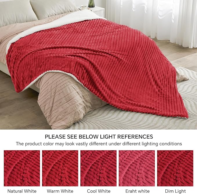INFIIXSO Sherpa Fleece King Size Blanket - Super Soft & Warm Striped Fleece, Cozy Plush Fluffy Large Bed Blanket All Season Use (Red, 104x90 Inches)