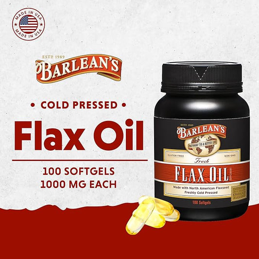 Barlean's Omega 3 6 9 Flaxseed Oil Supplements, Cold-Pressed Flax Seed Supplement Softgels with 1650 mg ALA Fatty Acids, 100 Count