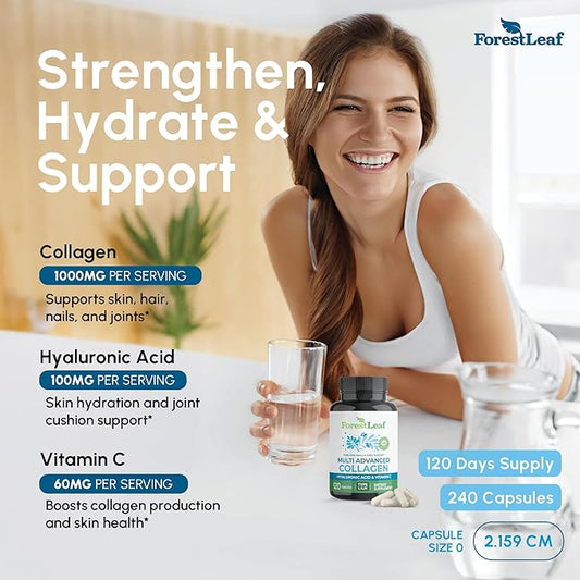 ForestLeaf Multi Collagen Pills with Hyaluronic Acid + Vitamin C | Hydrolyzed Collagen Supplements for Women or Men | Multi Collagen Capsules Peptides for Skin, Wrinkles, 240