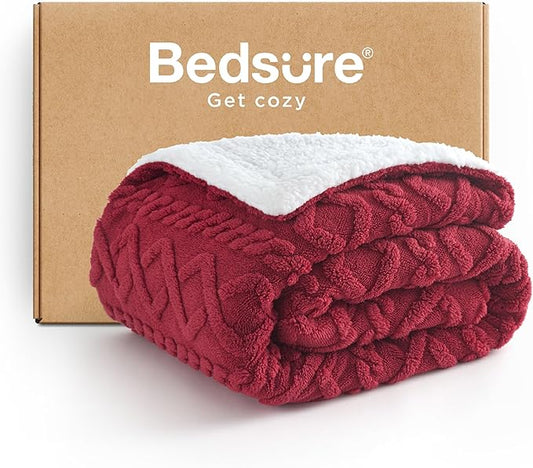 Bedsure Sherpa Fleece Throw Blanket for Couch - GentleSoft Fluffy & Cozy Cable Jacquard Tufted Throw for Women Gift, Thick and Warm Blankets for Winter, Red, 50x60 Inches