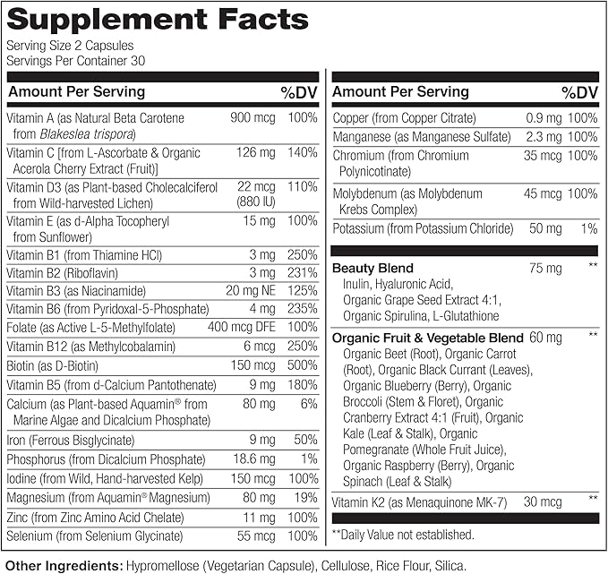 NATURELO Whole Food Multivitamin with Extra Hair, Skin & Nails Support - Beauty Blend with Hyaluronic Acid & Grape Seed - High Potency Biotin, Vitamin C, & Glutathione, 60 Vegan Capsules (Pack of 2)