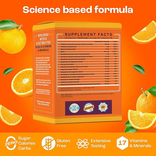 KEY NUTRIENTS Electrolytes Powder Packets - Tangy Orange 40 Pack Hydration Packets - Travel Hydration Powder - Made in USA - No Sugar, No Calories, Gluten Free