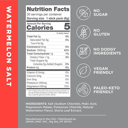 LMNT Zero Sugar Electrolytes - Watermelon Salt | Drink Mix | 30-Count