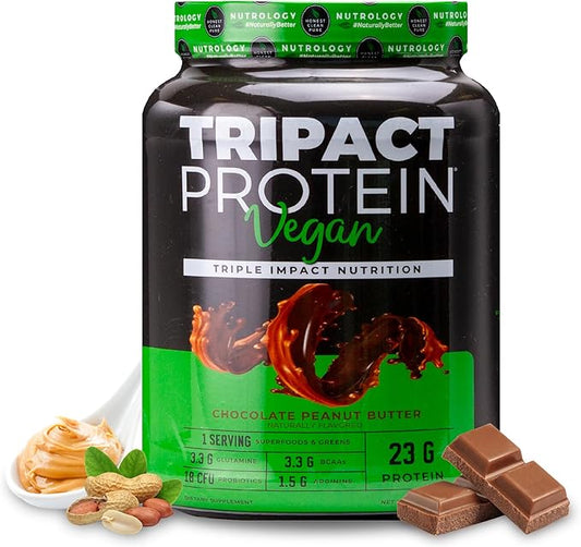 Nutrology TRIPACT Vegan Protein Powder - Organic Pea, Rice & Pumpkin Protein, BCAAs & Glutamine Plant-Based Meal Replacement Shakes for Muscle Recovery & Immunity, Chocolate Peanut Butter, 20 Servings