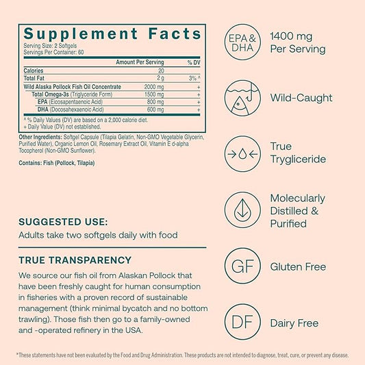 True Grace Omega-3 Fish Oil - 120 Softgels - 1400 mg EPA + DHA - Brain, Heart, Joint & Immune Health - Organic, Gluten Free, Soy Free