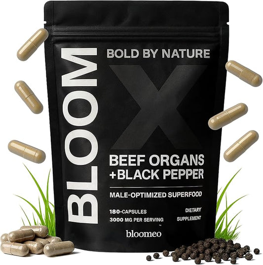 Beef Organ Supplement for Men | 100% Grass Fed Beef Liver Capsules with Bull Testicle, Prostate, Bone Marrow & More | Bloom X - Ancestral Superfoods for Vital Energy, Immunity & Men’s Health | 180 ct