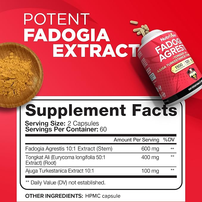 Nutrivein Premium Fadogia Agrestis and Tongkat Ali Supplement with Turkesterone - 1100 mg - 120 Capsules - Synergistic Blend for Performance, Strength, & Recovery