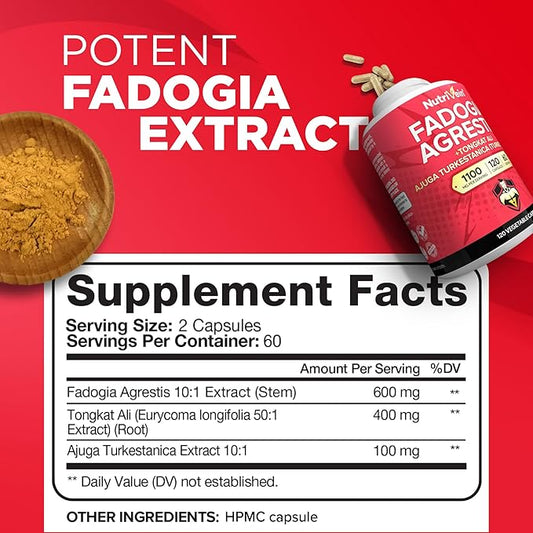 Nutrivein Premium Fadogia Agrestis and Tongkat Ali Supplement with Turkesterone - 1100 mg - 120 Capsules - Synergistic Blend for Performance, Strength, & Recovery