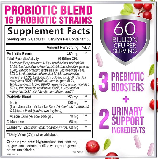 Probiotics for Women - 60 Billion CFU & 16 Strains for pH Balance, Vaginal & Digestive Support, Women's Probiotic with Cranberry for Gut Health, Urinary & Immune Support, Shelf Stable - 120 Capsules