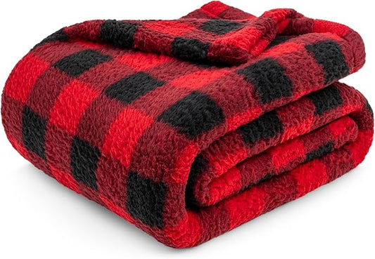 PAVILIA Sherpa Throw Blanket for Couch Sofa, Black Red Checkered Fluffy Warm Plush Blanket for Bed, Cozy Super Soft Lightweight Throw, Fuzzy Decorative Blanket, All Season Home, 50x60
