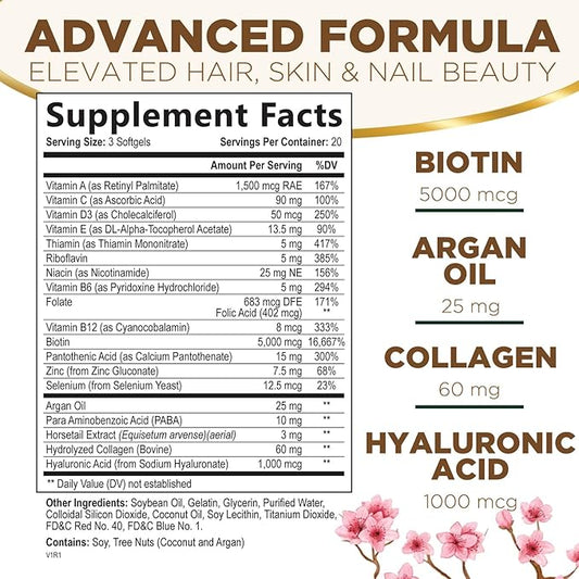 Hair Vitamins Biotin 5000 mcg Collagen for Hair Skin and Nails Vitamin Nature's, Supports Supplement Fast Fuller Thicker Healthy Growth Support, with Hyaluronic Acid Women & Men, Non-GMO, 60 Softgels