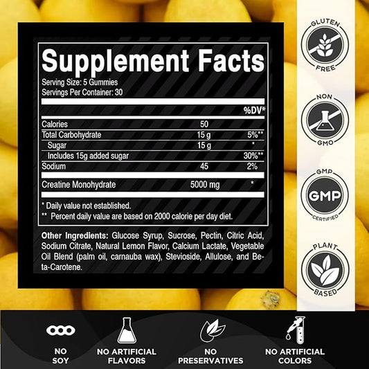 Vitamatic Creatine Gummies 5000mg per Serving Natural Lemon Flavor – 150 Gummies – Creatine Monohydrate for Muscle Strength, Energy & Recovery – Non-GMO, Gluten-Free