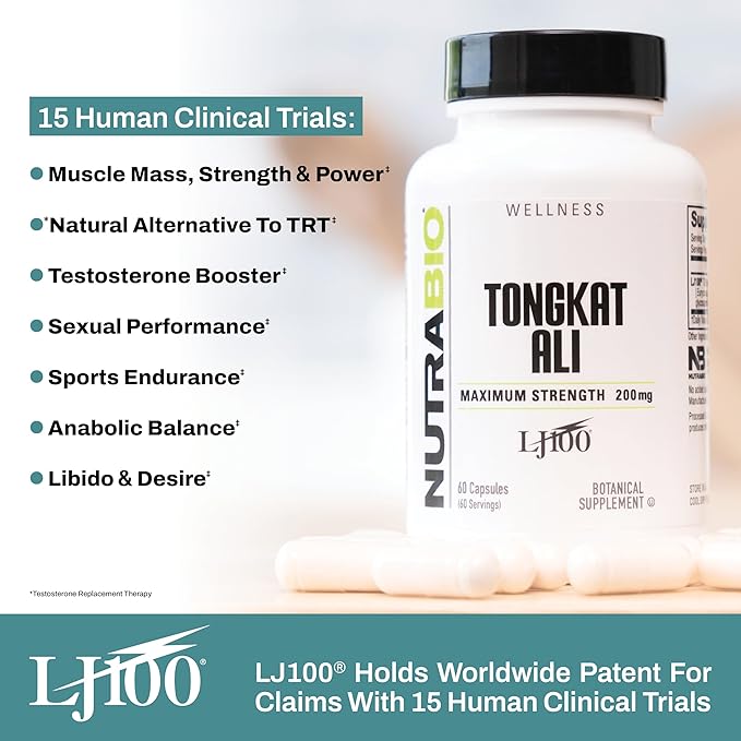 NutraBio Tongkat Ali Longjack 100 Supplement - Natural Support for Muscle Mass, Strength, Performance- Longjack Tongkat Ali for Men- 200mg per Capsule, 60 Servings