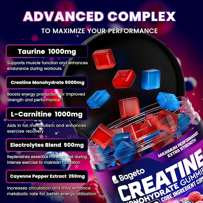 Creatine Monohydrate Gummies Complex 8000mg for Men and Women, Flavored and Chewable Creatine with Taurine, L-Carnitine, Electrolyte for Muscle Growth, Strength & Energy, Pre Workout Gummies 120pcs