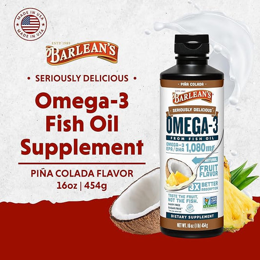 Barlean's Omega 3 Fish Oil Liquid Supplement with Vitamin D for Men and Women, Pina Colada, 1080mg EPA and DHA Fatty Acid, 16 oz