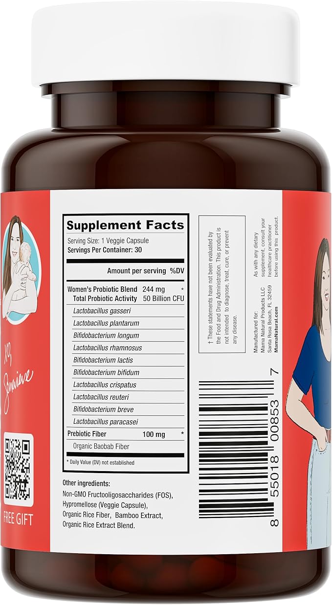 Mama Natural Womens Probiotic – Vaginal, Gut Health & Immune Support Supplement – with Organic Prebiotics (30 Count) - Lactobacillus & Bifidobacterium Probiotic - 50 Billion CFU & 10 Strains
