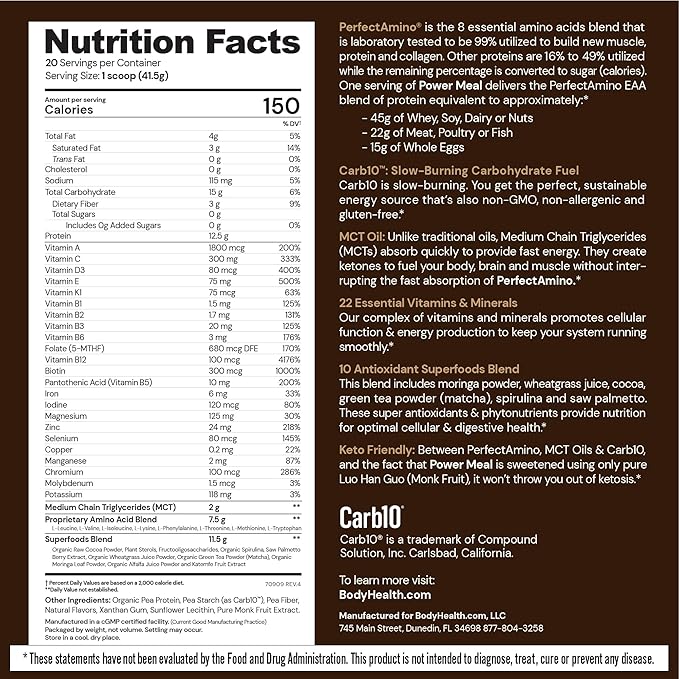 BodyHealth PerfectAmino Power Meal Shake New Dark Chocolate Flavor with MCT Oil Carb 10 and Perfect Amino Protein Base (20 Servings)