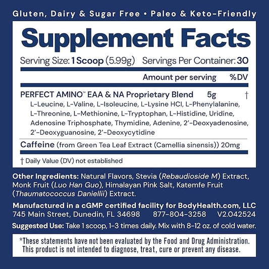 BodyHealth PerfectAmino Powder - BCAA and EAA Powder for Pre and Post Workout - Amino Acid Energy Drink for Men and Women to Support Lean Muscle and Recovery - Mocha - 30 Servings