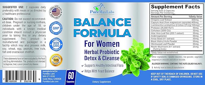 Balance Complex for Women - for Vaginal Health, Herbal Detox & Cleanse, Vaginal Probiotics, Supports Healthy Intestinal Flora, Helps with Yeast Infections 60 Capsules