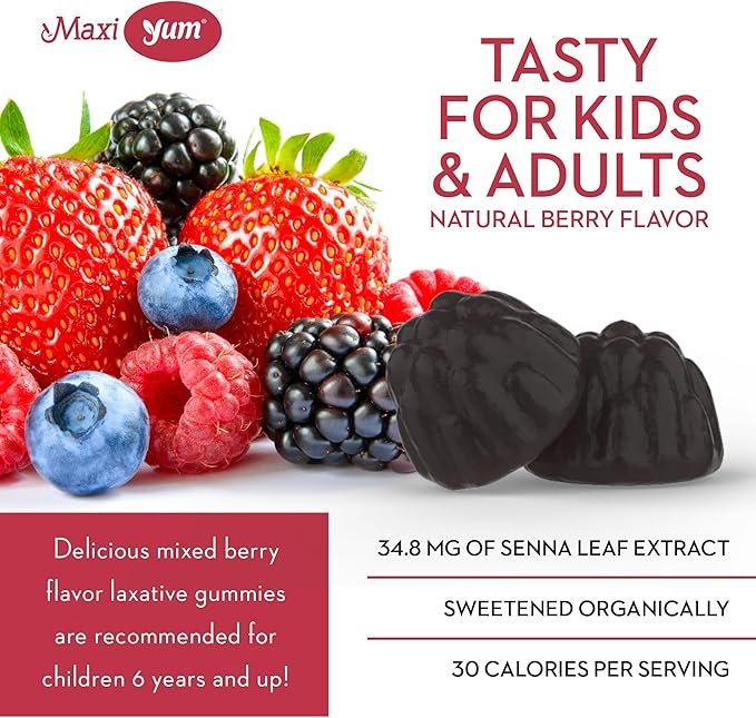 Maxi Health Natural Laxative Gummies for Adults and Kids – Non-GMO and Vegan Senna Stool Softener Gummies – Berry Flavor Chewable Laxatives for Constipation Support (60 Count)