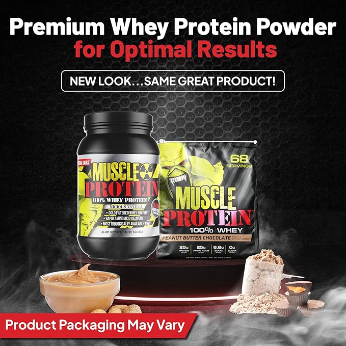 Muscle Protein Whey Powder [5 lbs/Pack of 1]– Cold Filtered, 25g Pure Protein, 6.6g BCAAs (Packaging May Vary) (10 Pound (Pack of 2), Peanut Butter Chocolate)