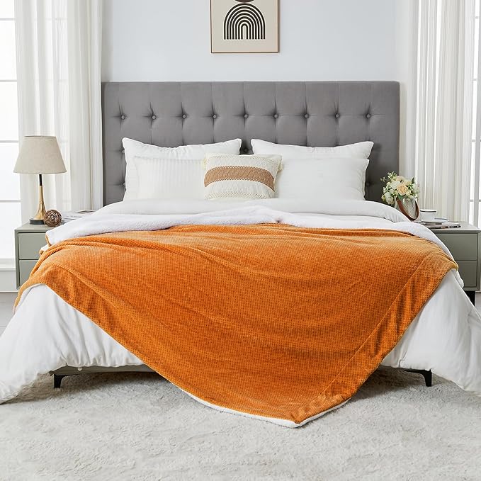 SOCHOW Waffle Sherpa Fleece Throw Blanket, Super Soft Fuzzy Warm, Lightweight Fluffy Reversible Plush Blanket for Bed Sofa Couch, 60 x 80 Inches Burnt Orange