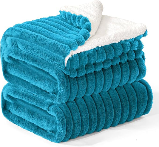 INFIIXSO Sherpa Fleece King Size Blanket - Super Soft & Warm Striped Fleece, Cozy Plush Fluffy Large Bed Blanket All Season Use (Teal, 104x90 Inches)