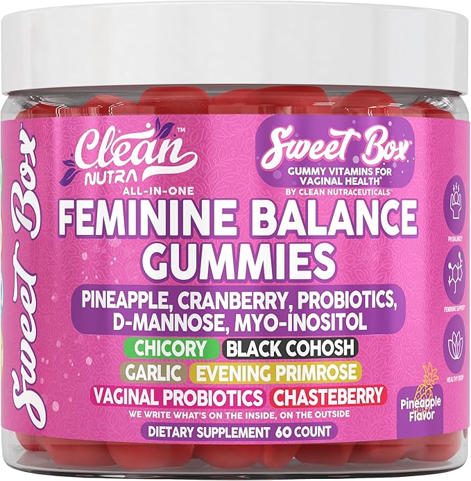 Clean Nutra Feminine Balance Gummies for Women Pineapple VaginalProbiotics pH Balance Cranberry D Mannose Supplement Inositol Black Cohosh Evening Primrose Garlic Vitex GLA Prebiotics Folate 60ct