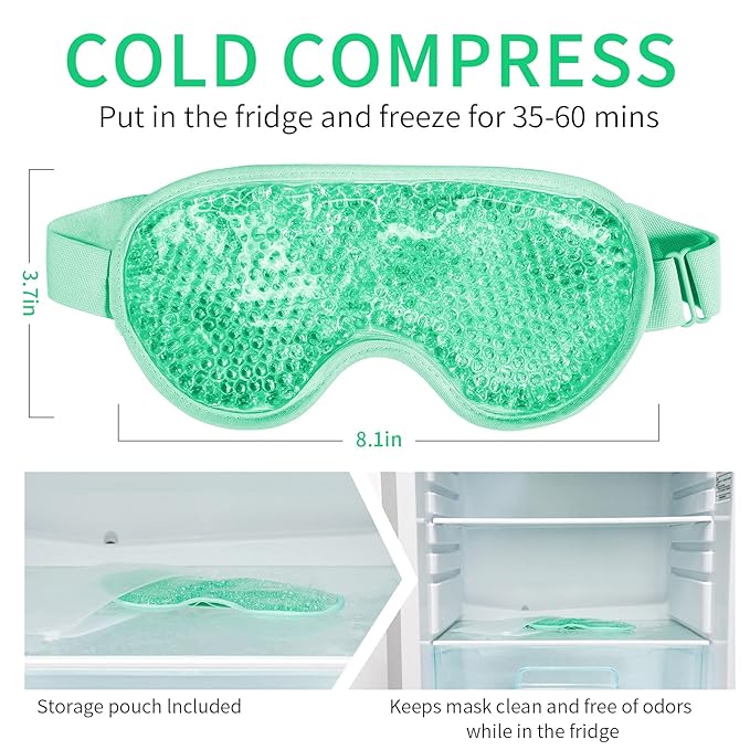 Cooling Eye Mask with Gel Bead, Reusable Cold Compress Ice Pack Sleeping Eye Cooling Pads for After Eyelid Surgery, Puffiness, Puffy Eyes, Headache, Migraine Relief (Green)