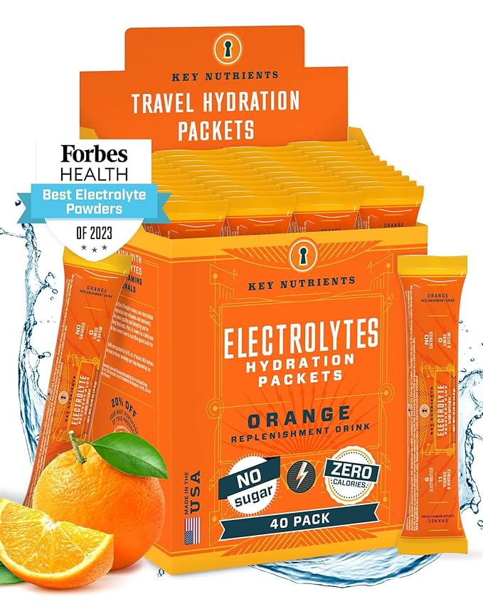 KEY NUTRIENTS Electrolytes Powder Packets - Tangy Orange 40 Pack Hydration Packets - Travel Hydration Powder - Made in USA - No Sugar, No Calories, Gluten Free