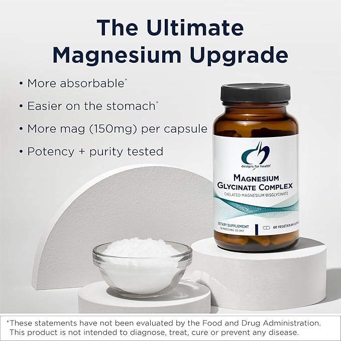 Designs for Health Magnesium Glycinate Complex - Chelated Magnesium Bisglycinate + High Absorption Magnesium for Calming & Sleep, Heart Health, Immune Support & Bone Strength - Vegan (60 Capsules)