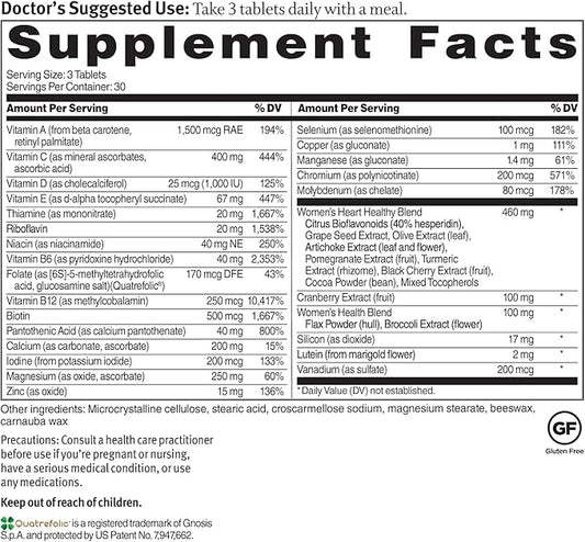 Dr. Sinatra Heart Healthy Multivitamin for Women with Vitamin D 1000 IU, A, B12, C, E, Biotin, Folate, and Zinc, 90 Tablets (30-Day Supply)