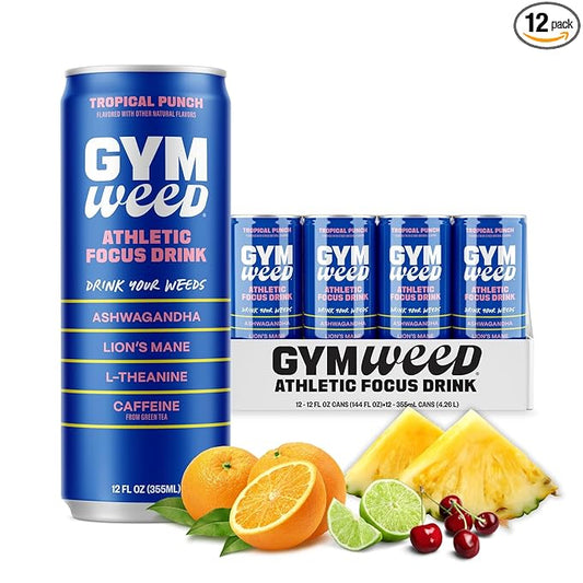 GYM WEED Athletic Focus Drink with KSM-66 Ashwagandha, Lion's Mane Mushroom, L-Theanine, 200mg Green Tea Caffeine with Natural Sweeteners Tropical Punch Flavor, 12 Pack