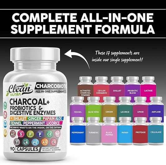 Clean Nutra Activated Charcoal Capsules Shilajit Pills Probiotic Digestive Enzymes for Digestive Health with Peppermint Fennel Licorice Papain Ginger Turmeric | Gut Health